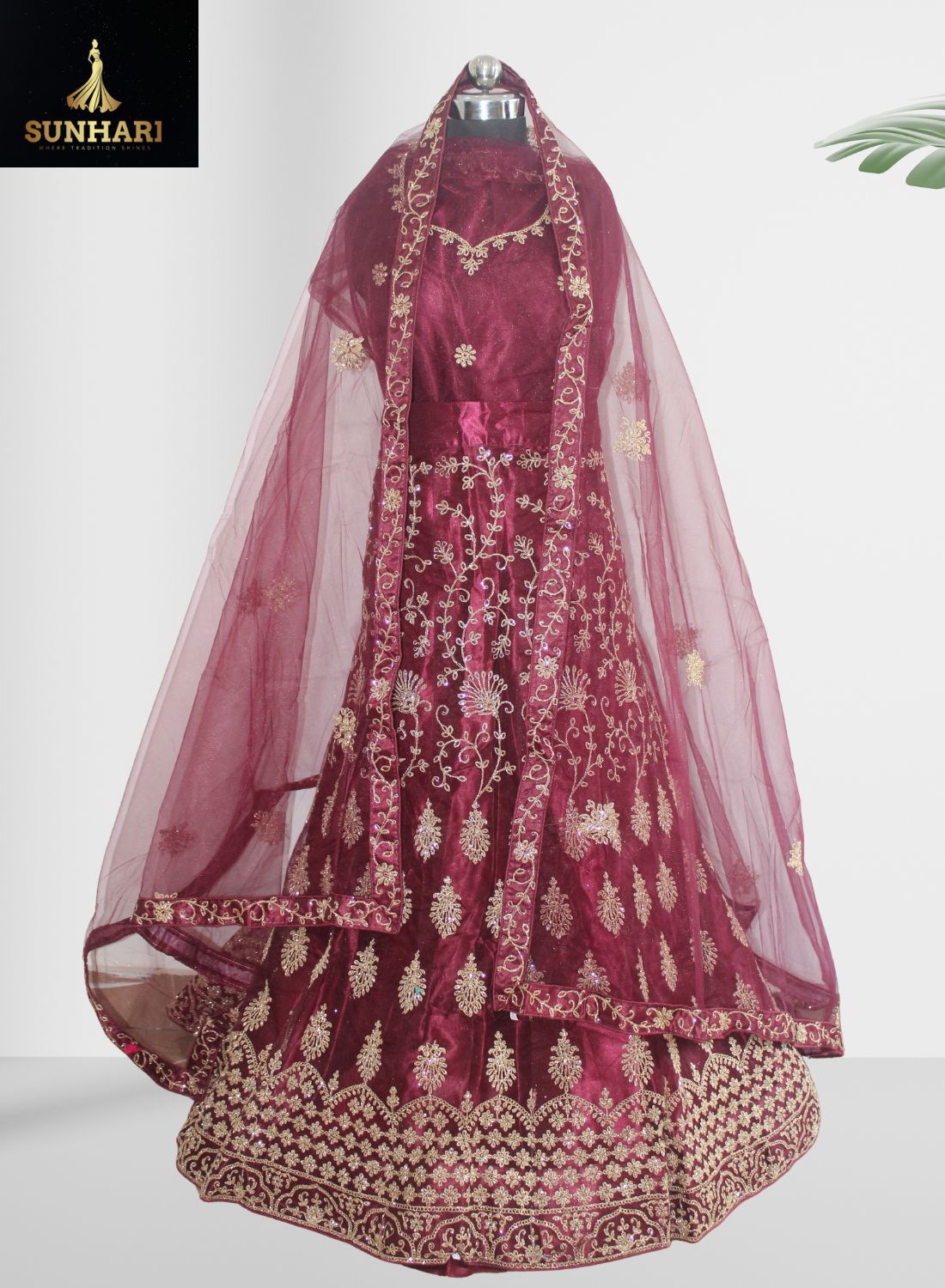 Royal Maroon Zari Embroidered Lehenga