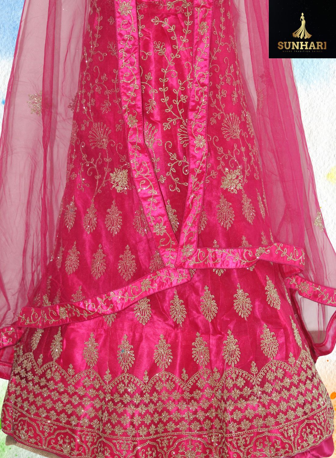 Radiant Rani Pink Zari Embroidered Bridal Lehenga