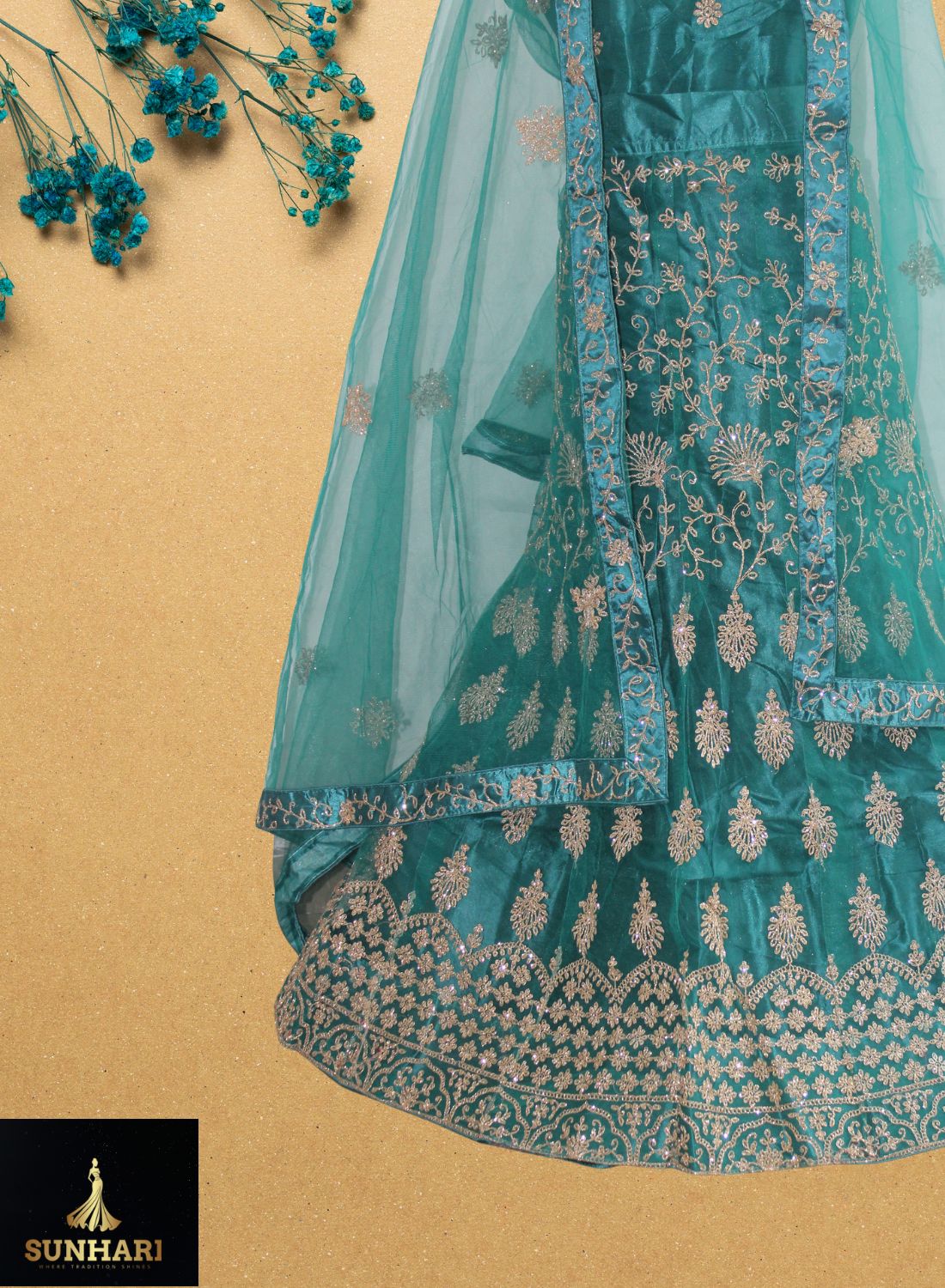 Teal Blue Zari Embroidered Bridal Lehenga