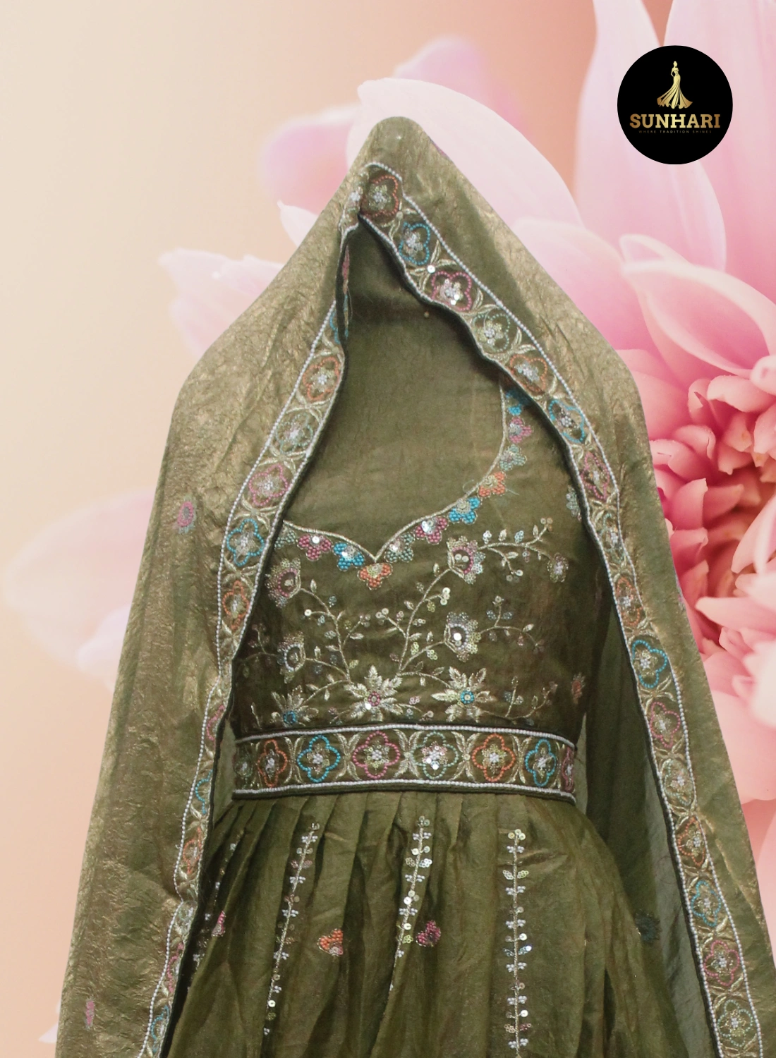 Olive Green Peacock Embroidered Silk Lehenga 