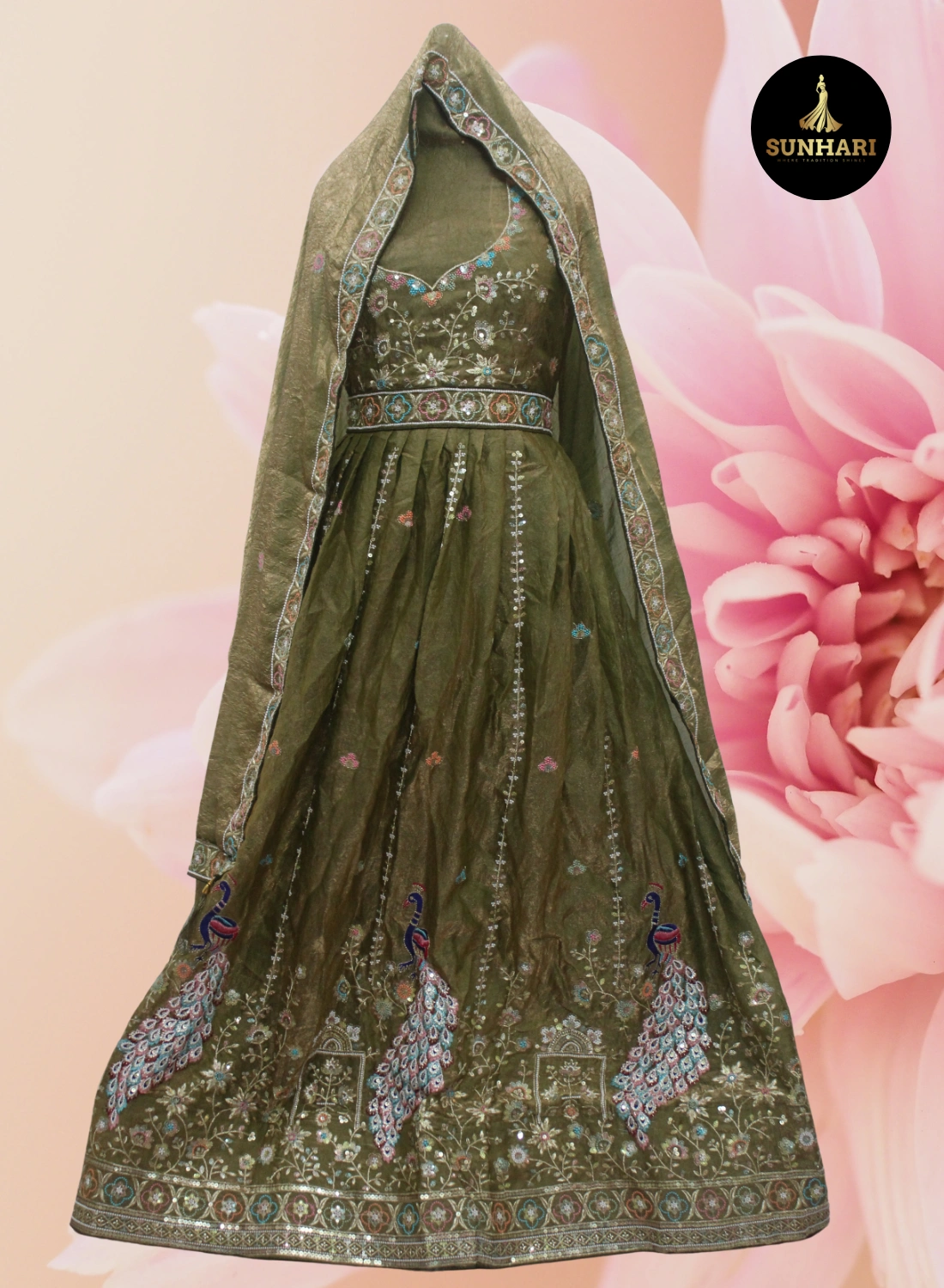 Olive Green Peacock Embroidered Silk Lehenga 