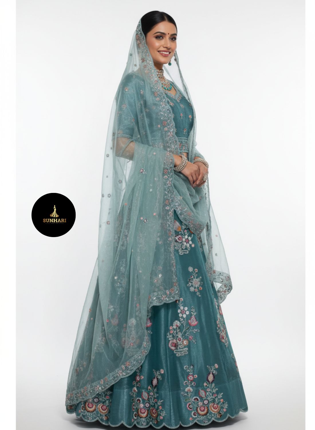 Aqua Blue Handcrafted Organza Lehenga 