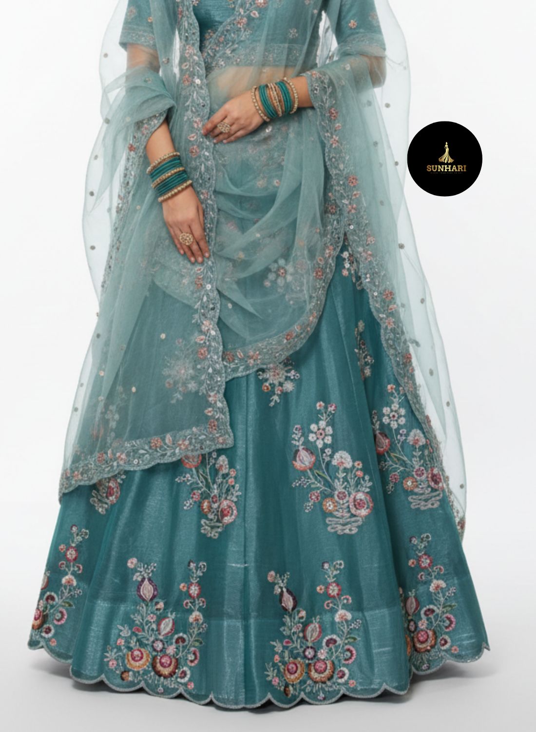 Aqua Blue Handcrafted Organza Lehenga 
