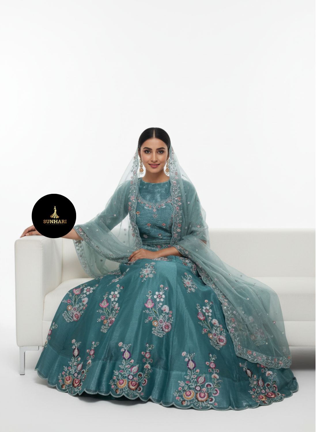 Aqua Blue Handcrafted Organza Lehenga 