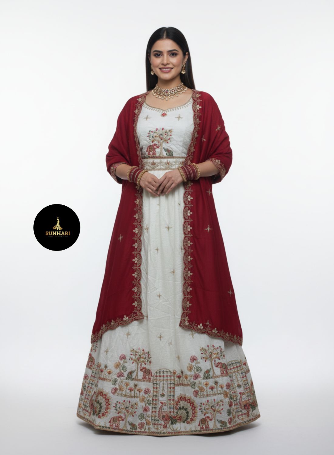 Off-White & Maroon Silk Zari Embroidered Lehenga