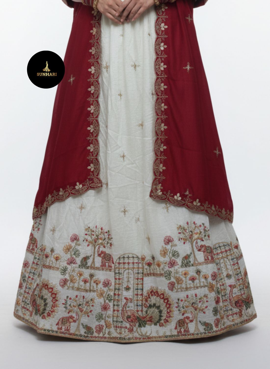 Off-White & Maroon Silk Zari Embroidered Lehenga