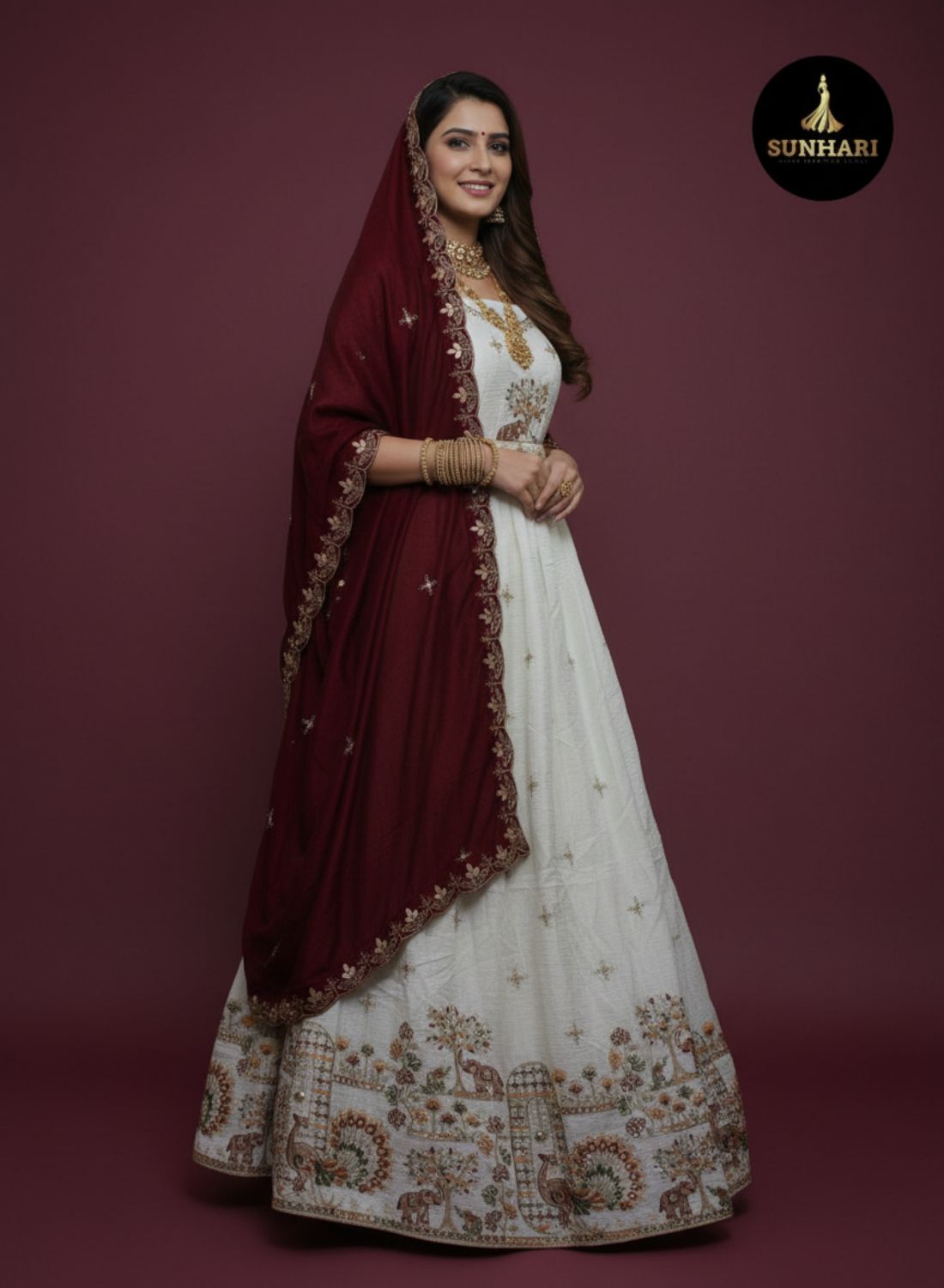 White & Maroon Traditional Motif Silk Lehenga