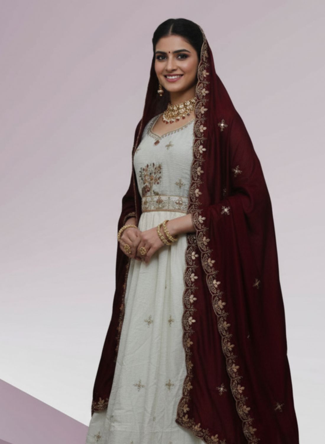 White & Maroon Traditional Motif Silk Lehenga