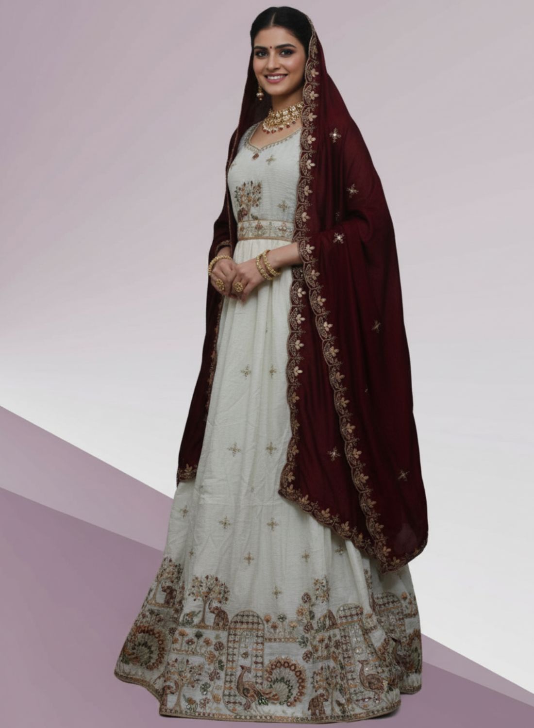White & Maroon Traditional Motif Silk Lehenga