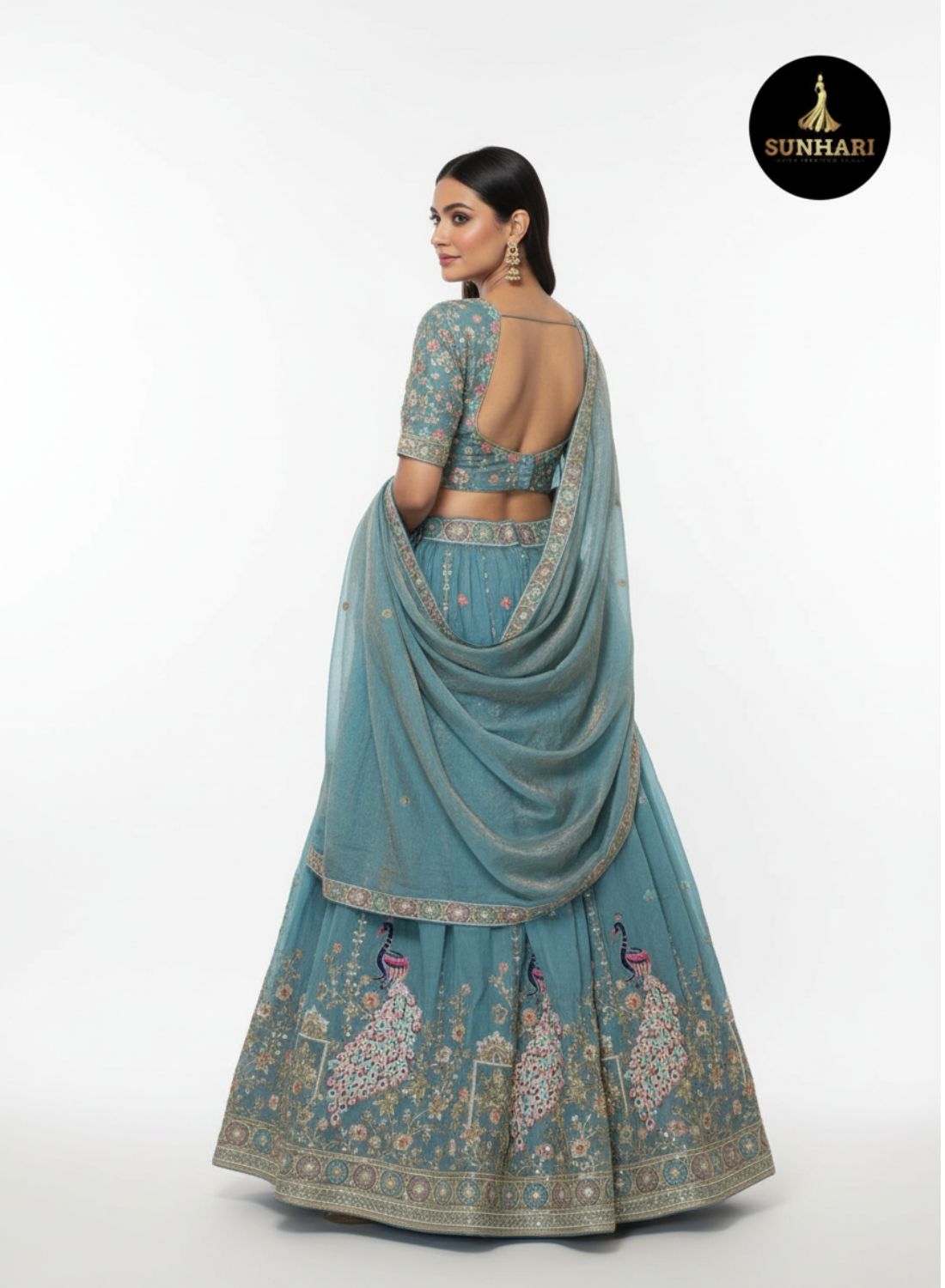 Teal Blue Peacock Embroidered Silk Lehenga 