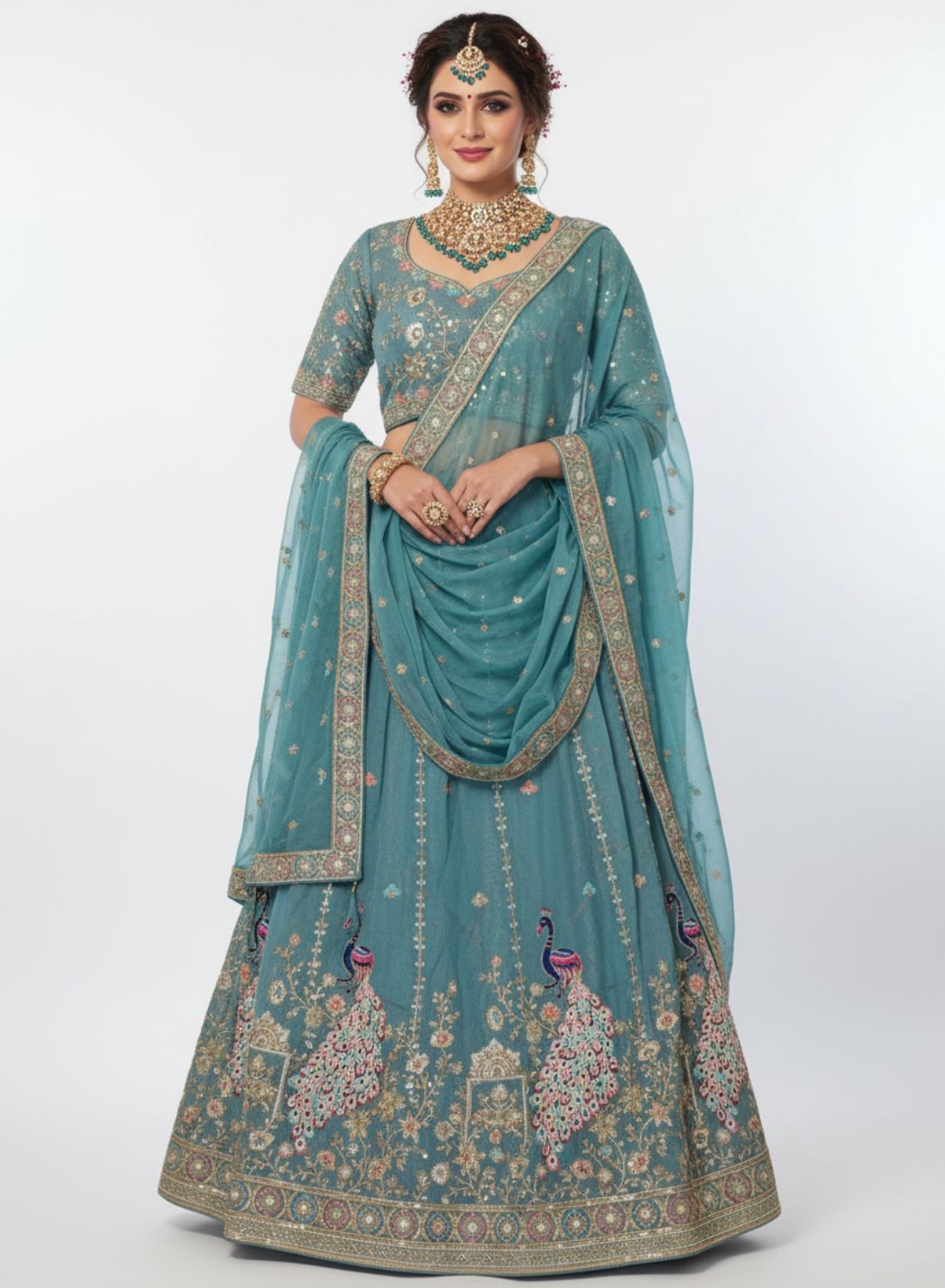 Teal Blue Peacock Embroidered Silk Lehenga 