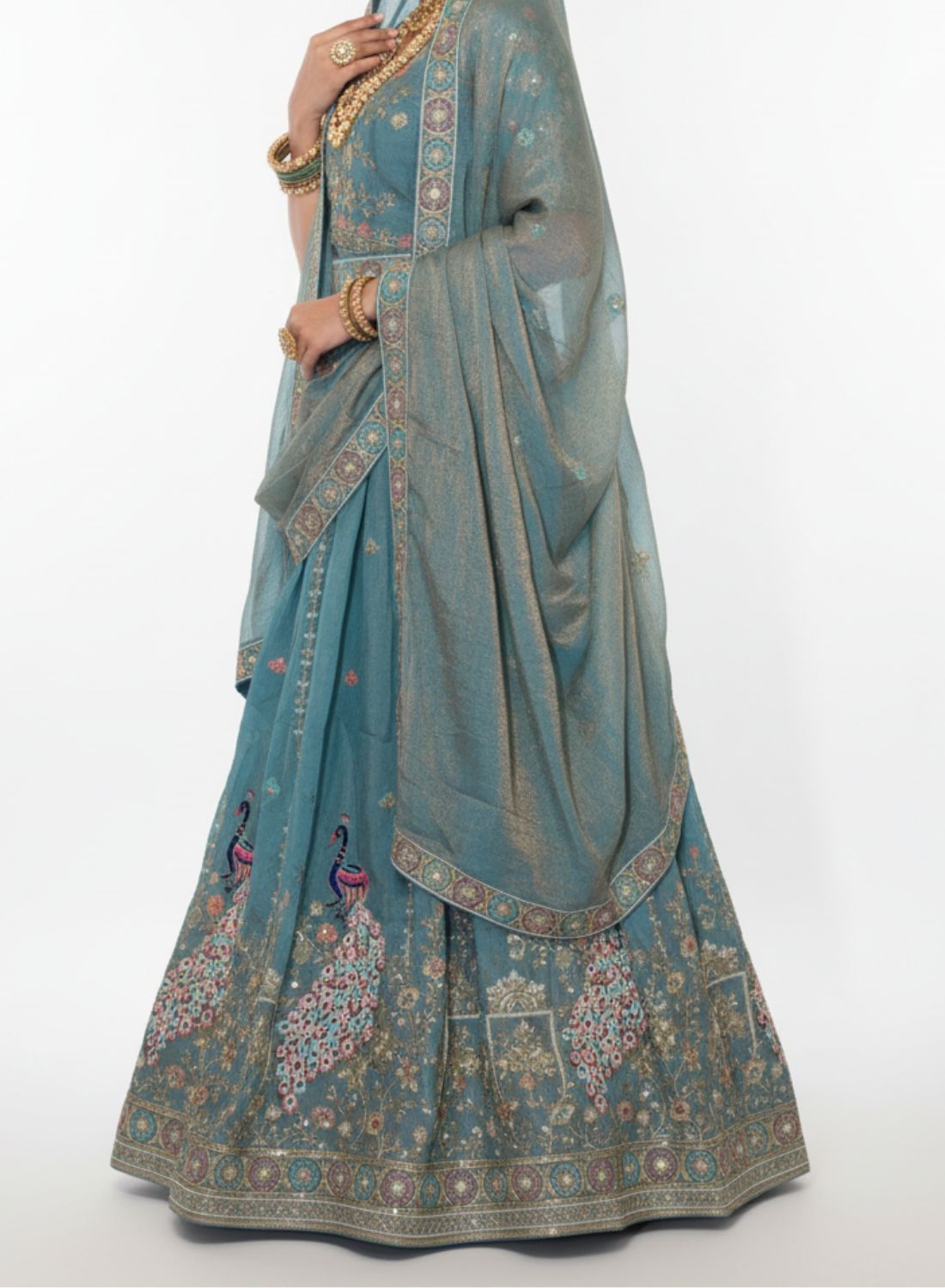 Teal Blue Peacock Embroidered Silk Lehenga 